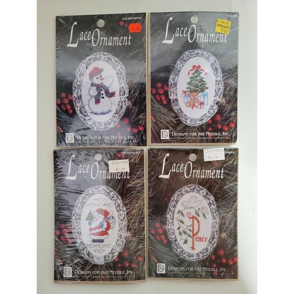 4 Vtg NIP Designs for the Needle Lace Christmas Ornament Kits Snowman Santa etc - Picture 1 of 6